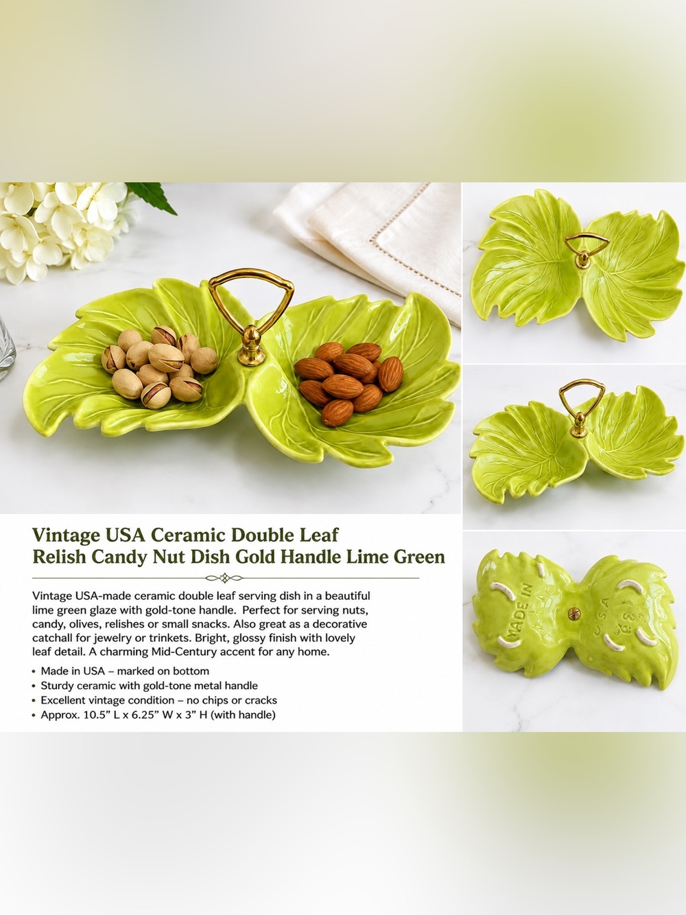 Vintage USA Ceramic Double Leaf Relish Candy Nut Dish Gold Handle Lime Green